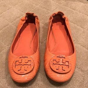Tory Burch Tart Orange Lizard Patent Flats, 10.5